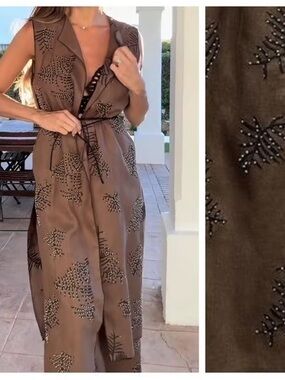 Zara Embroidered Beaded Long Vest NWT Large